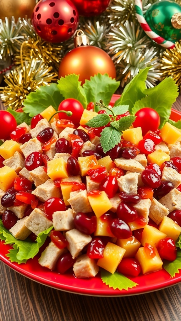 A colorful 70s Christmas dish with turkey, cranberry sauce, and pineapple on a festive platter.